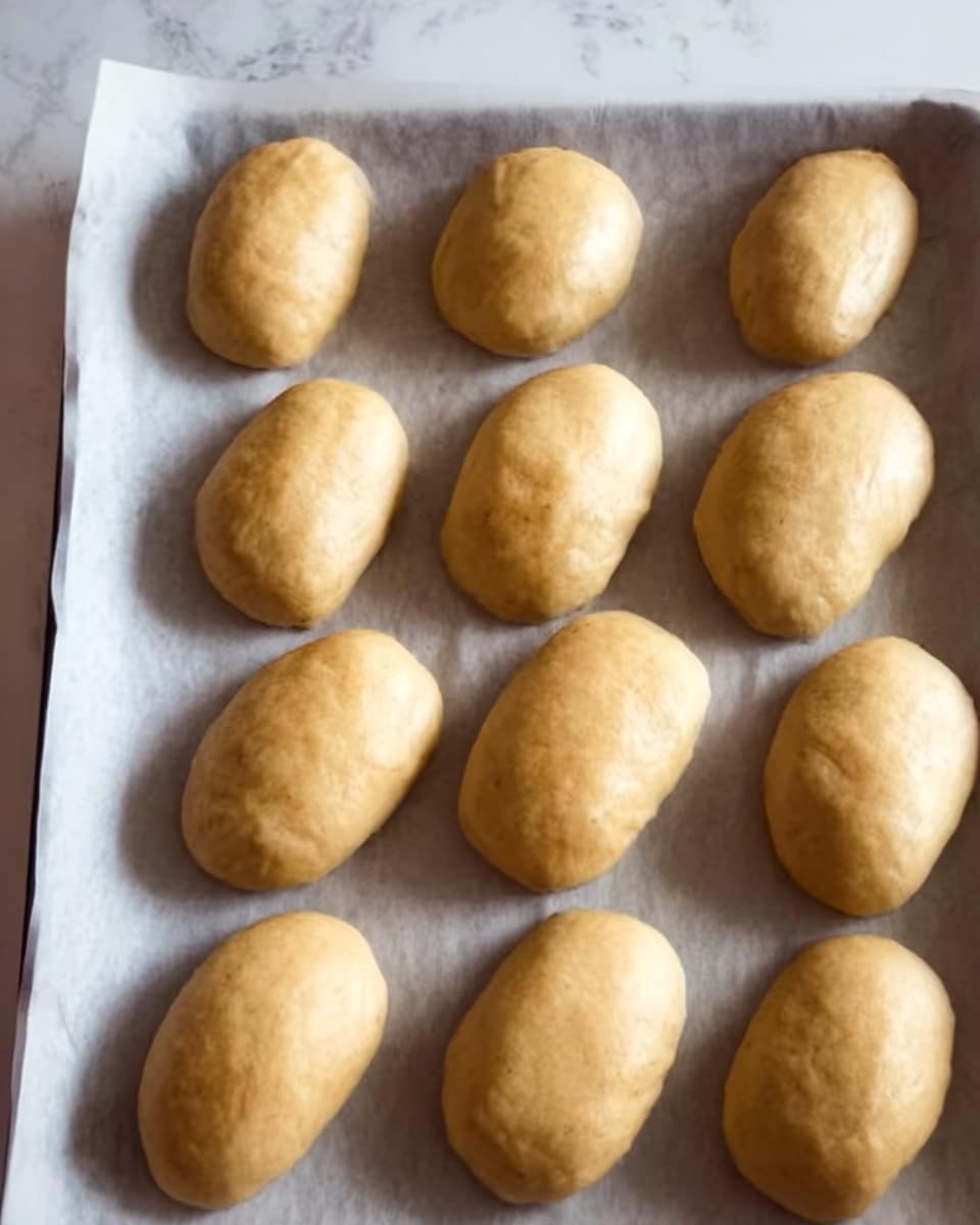 The image shows a baking tray covered with white parchment paper holding two rows of unbaked dough pieces. Each dough piece is oval-shaped with a smooth, slightly shiny surface that is light golden brown in color. The dough pieces are evenly spaced on the tray, and the background surface is white with a marbled texture. Photo taken with an iphone --ar 4:5 --v 7