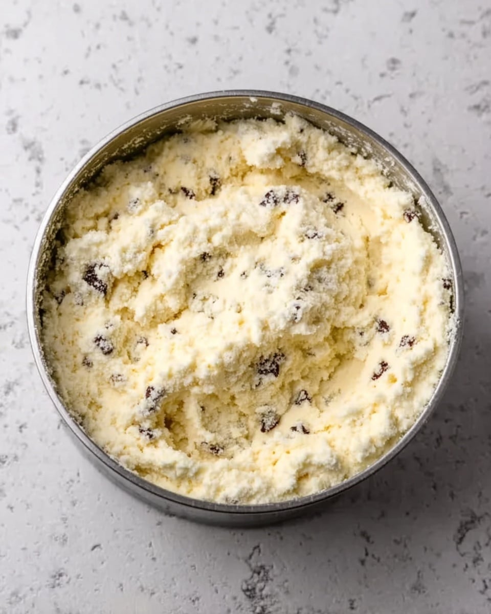 The image shows a round metal bowl filled with a mixture that looks soft and creamy with a rough, slightly lumpy texture. The mixture is mostly pale yellow or off-white in color, with small dark pieces scattered unevenly throughout. The bowl is placed on a white marbled surface that contrasts with the smooth, shiny finish of the metal bowl. The mixture fills the bowl almost to the top, with some areas slightly raised and uneven. photo taken with an iphone --ar 4:5 --v 7