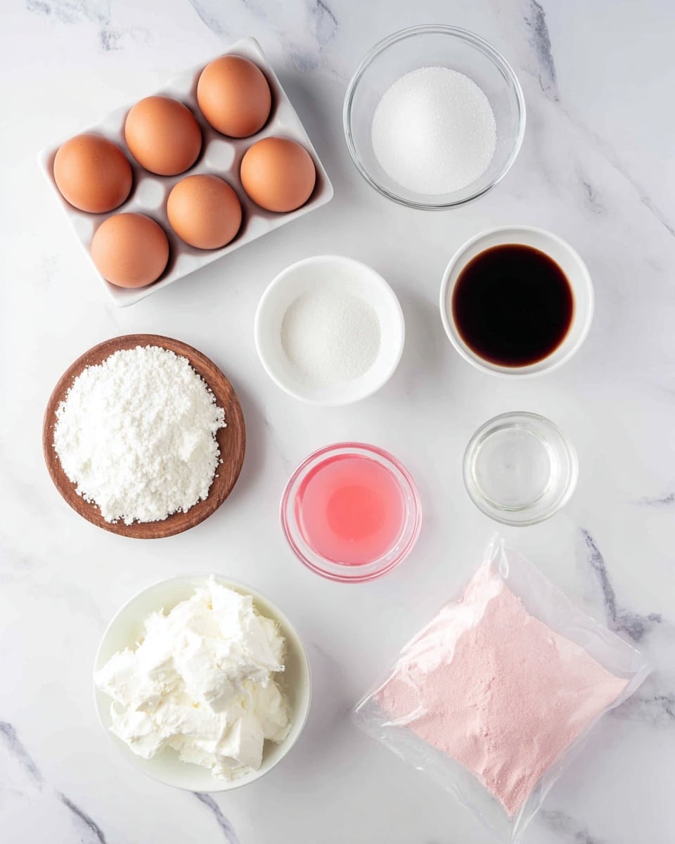 A top-down view shows nine different ingredients arranged on a white marbled surface. In the top left, a white tray holds four brown eggs. Moving right, a small white bowl contains dark brown liquid, next to a white bowl filled with white granulated sugar. Below these is a small round wooden dish with white powder, and to its left, a white bowl holds a white crumbly substance. Below, a small white dish has a bright pink liquid. Near it, a clear small bowl contains a thick clear gel or liquid, and next to it, another small white bowl holds a clear liquid. At the bottom left, there is a white bowl with white creamy cheese. To the right of all these bowls, a clear plastic bag filled with pink powder lies flat. The whole setup is on a clean white marbled surface. Photo taken with an iphone --ar 4:5 --v 7