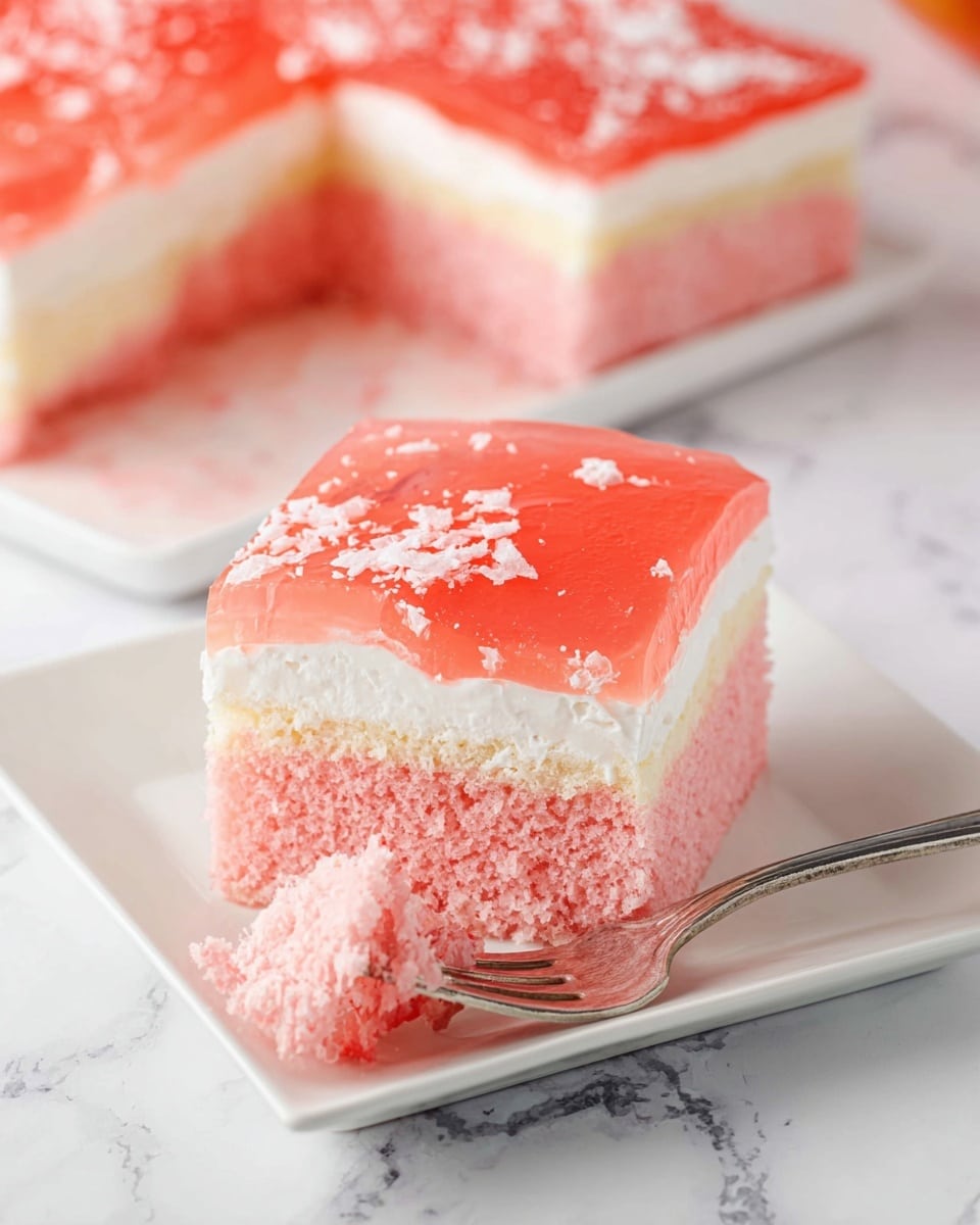 A close-up view of a square slice of three-layered dessert on a white square plate set on a white marbled surface. The bottom layer is a thick pink sponge cake with a soft, airy texture. The middle layer is a smooth, creamy white frosting that contrasts with the cake below. The top layer is a translucent pink gelatin-like topping with a shiny, slightly wet surface, sprinkled lightly with white flakes. Next to the slice on the plate is a silver fork holding a small portion of the cake, frosting, and gelatin layers. In the background, the rest of the dessert is visible with similar layers and pink gelatin topping. photo taken with an iphone --ar 4:5 --v 7