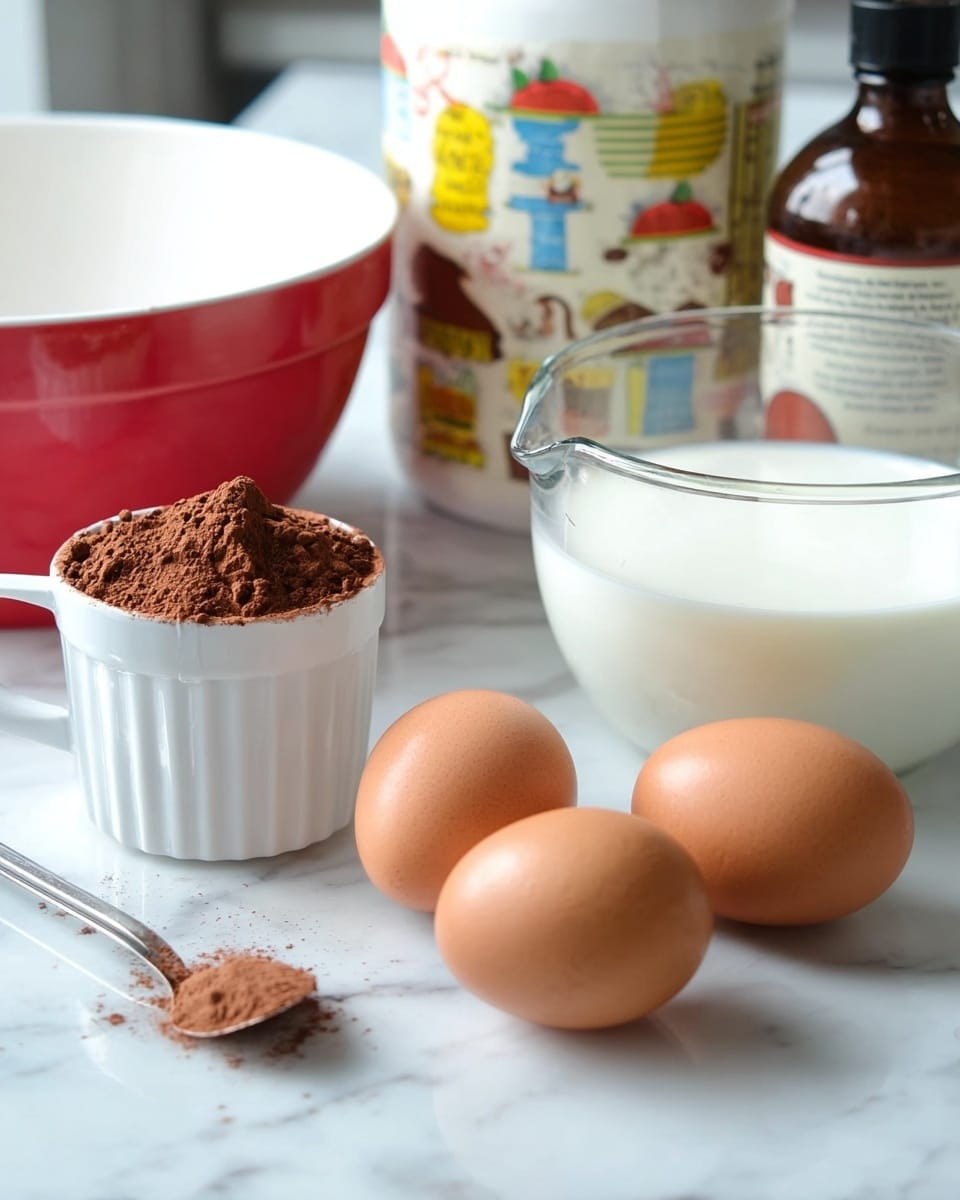 The image shows three brown eggs placed closely on a white marbled surface, with a clear glass measuring cup filled halfway with milk beside them to the right. To the left, there is a white measuring cup filled with cocoa powder resting on the surface, with some cocoa powder spilled slightly on the outside of the cup. Behind these ingredients stand a large white container with colorful illustrations and a brown bottle with labels, both set against a blurred background. A large white bowl with a red outside is partially visible on the far left. photo taken with an iphone --ar 4:5 --v 7
