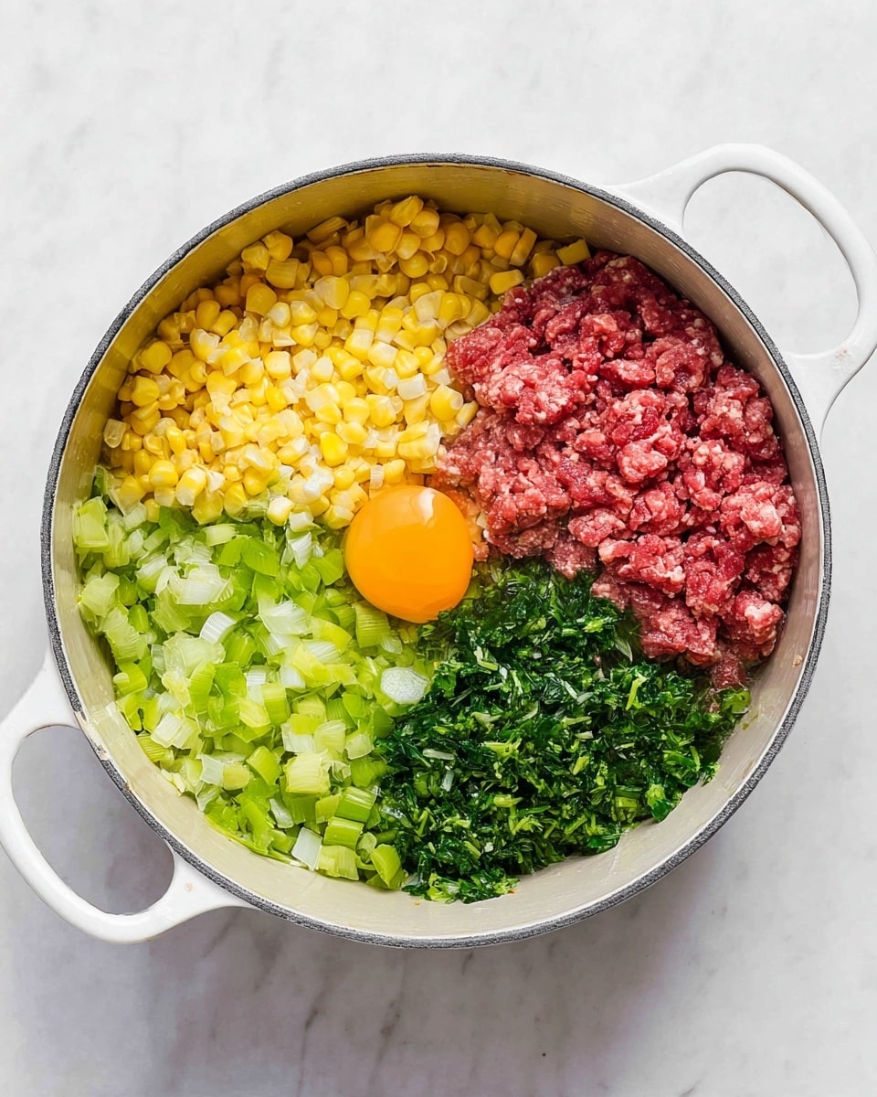 In a white round pot with handles on each side, there are four main parts of food arranged without mixing. The top left section has yellow cooked corn kernels, the bottom left section has finely chopped green celery and leafy greens, the right side shows two piles of raw ground meat in different shades of red, one darker and one lighter, slightly mixed in the middle. In the center, a raw egg yolk sits on top of the ingredients, adding a bright orange color. The pot sits on a white marbled surface. Photo taken with an iphone --ar 4:5 --v 7
