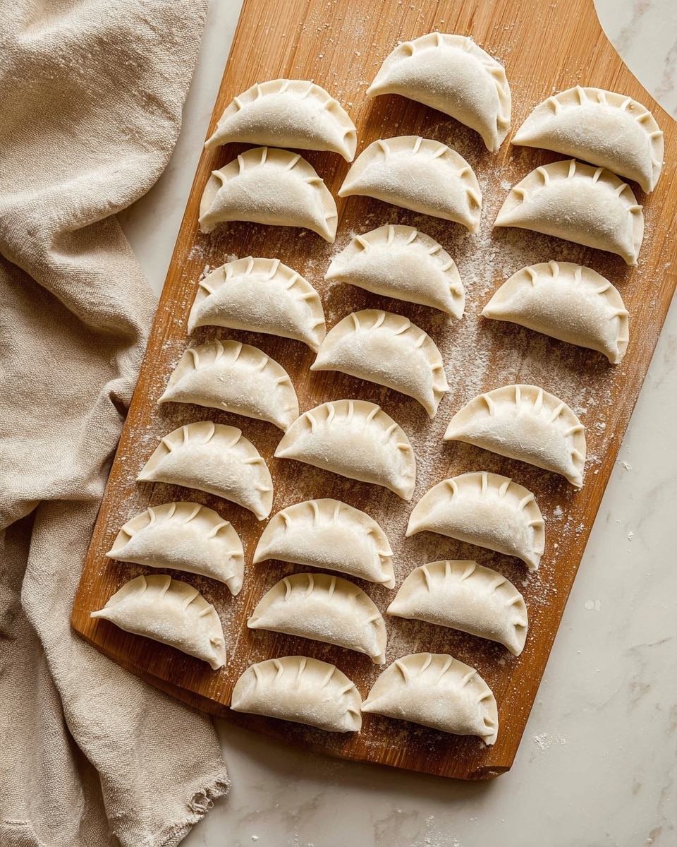 A wooden board filled with three neat rows of small white raw dumplings, each dumpling folded with a crimped edge pattern and showing a soft matte dough texture dusted lightly with flour, arranged in an orderly way on the board. The board is placed on a white marbled surface with a beige cloth casually draped on the left side. The whole setting shows a clean, natural look with soft daylight highlighting the smooth dumplings and wooden texture. photo taken with an iphone --ar 4:5 --v 7