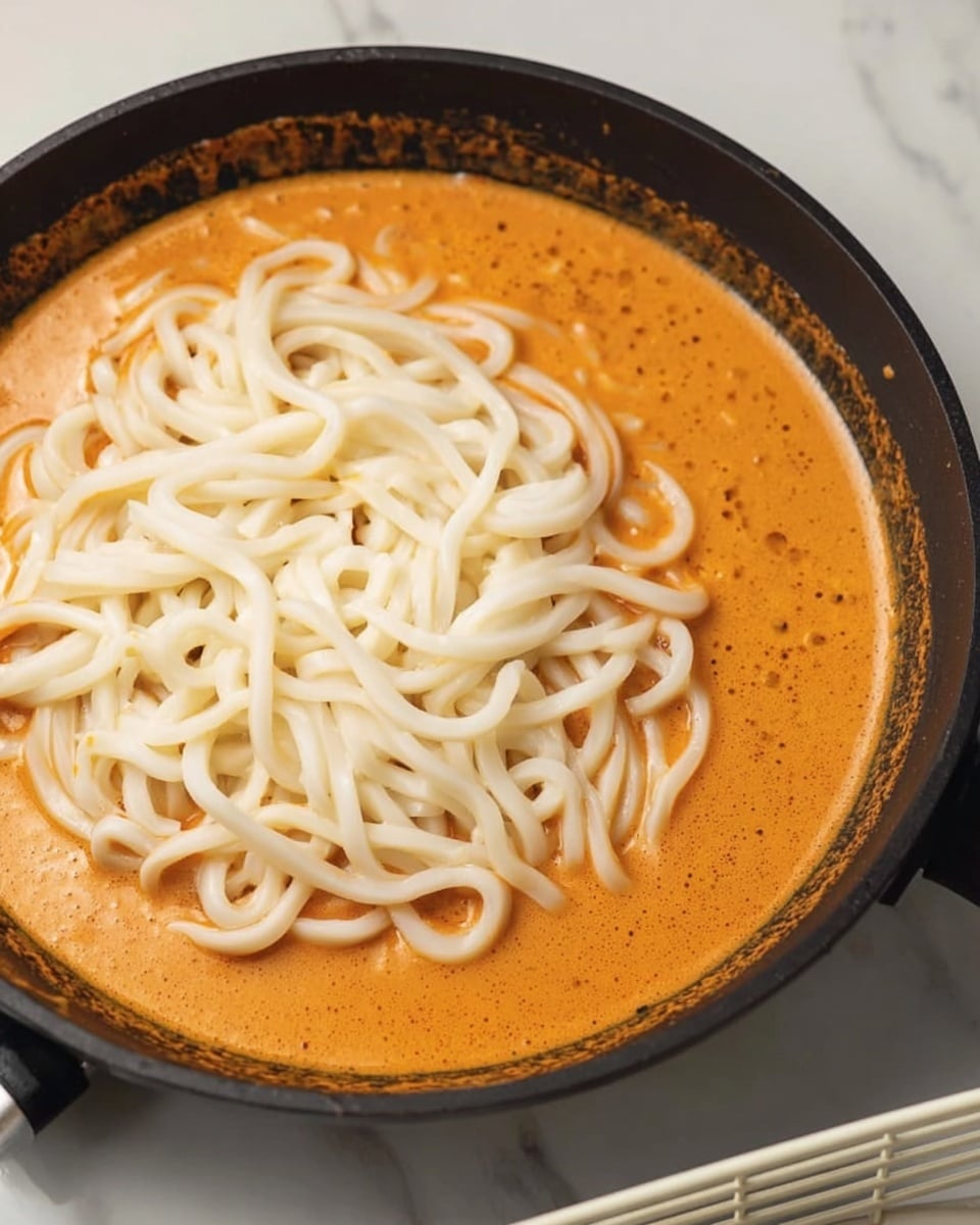 The image shows a black frying pan filled with two layers: at the bottom, there is a rich, smooth orange sauce with a creamy texture, and on top, there is a generous layer of thick, white udon noodles arranged loosely, covering about half of the pan. The sauce looks thick with some bubbles and splashes on the pan's side. The pan is placed on a white marbled surface, and there is a hint of a white basket in the background. photo taken with an iphone --ar 4:5 --v 7