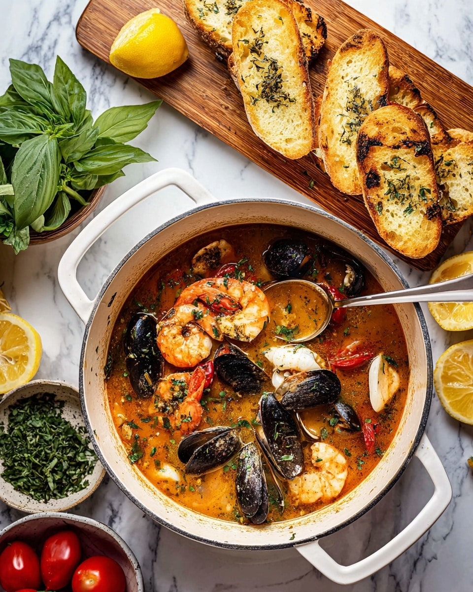 A white pot filled with a seafood stew, showing two layers: the clear, orange-brown broth with herbs floating on top, and a variety of seafood including orange shrimp, black mussels, and white scallops scattered throughout the broth. A silver ladle rests inside the pot, slightly submerged in the stew. Above the pot, there is a wooden tray holding several slices of golden toasted bread with dried herbs on top. Surrounding the pot are fresh green basil leaves, lemon halves with a bright yellow color, cherry tomatoes in red, and a small bowl filled with fresh green herbs, all set against a white marbled surface. photo taken with an iphone --ar 4:5 --v 7