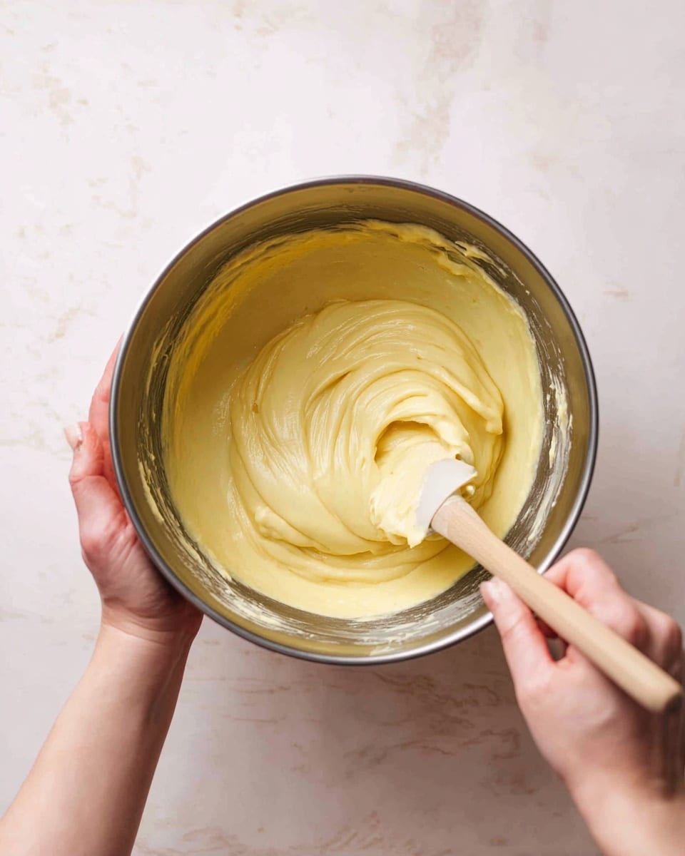 A silver metal mixing bowl holds a thick, smooth, pale yellow batter with a creamy texture. A woman's hand at the bottom left is steadying the bowl, while another woman's hand is stirring the batter with a light brown spatula, lifting some of the mixture in mid-motion. The background is a white marbled surface that contrasts softly with the bowl and batter. The overall scene focuses on the thick batter and the stirring action. photo taken with an iphone --ar 4:5 --v 7
