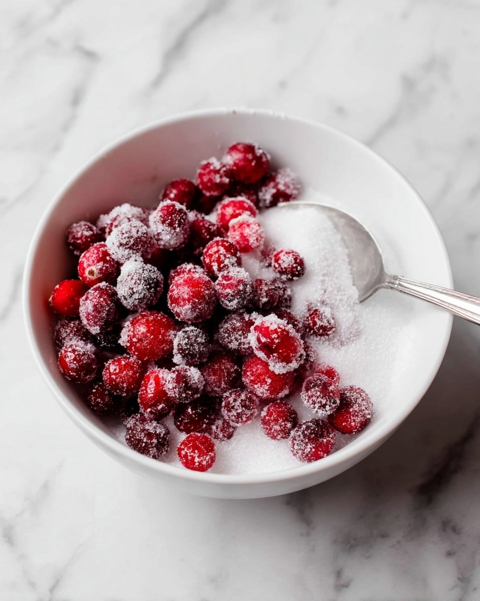 A white bowl filled with a layer of white granulated sugar at the bottom, topped with a thick layer of fresh red cranberries, some dusted heavily with sugar giving a frosted look, along with a silver spoon partially buried in the sugar and cranberries. The bowl sits on a white marbled surface. photo taken with an iphone --ar 4:5 --v 7