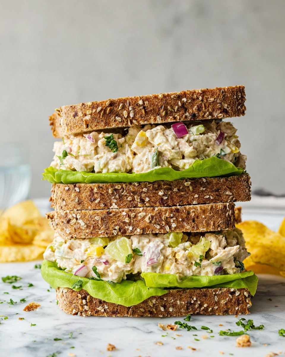 A sandwich stacked tall with three layers of brown, seeded bread showing a rough, airy texture. The bottom layer features a thick spread of creamy chicken salad mixed with small pieces of red onion, green celery, and herbs, placed on top of a single leaf of bright green lettuce. The middle layer mirrors the bottom with another layer of chicken salad mixed with colorful vegetables and a fresh lettuce leaf beneath it. The top layer of bread completes the sandwich, sitting on a white marbled surface scattered lightly with small green herbs and crumbs. Some yellow potato chips are visible to the side. Photo taken with an iphone --ar 4:5 --v 7