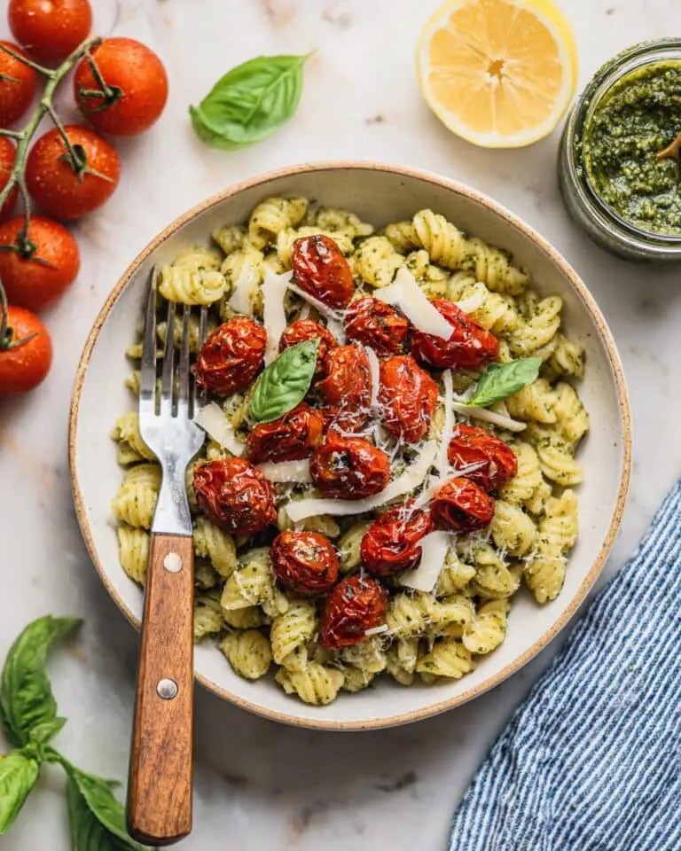 Pesto Pasta with Roasted Balsamic Cherry Tomatoes Recipe