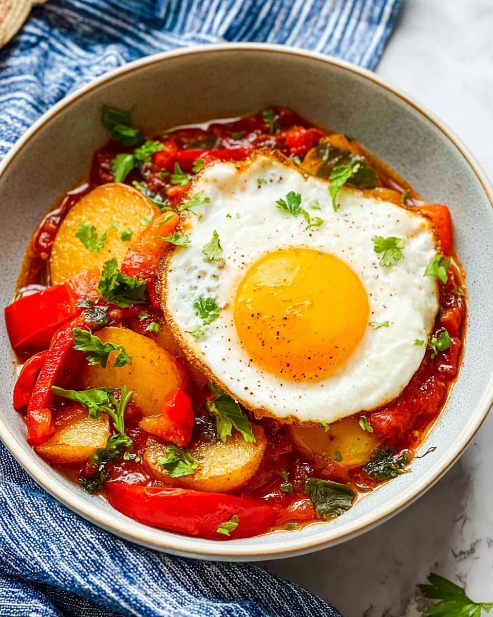 A round white bowl holds a colorful stew with three main layers: the bottom layer is red chunky tomato sauce with visible pieces of tomato and herbs, the middle layer has thick slices of golden-brown cooked potatoes and red bell peppers, and on top is a single fried egg with a bright yellow yolk slightly oozing over the white, fresh green herb leaves scattered around for garnish, all set on a white marbled surface with a blue and white striped cloth nearby. photo taken with an iphone --ar 4:5 --v 7