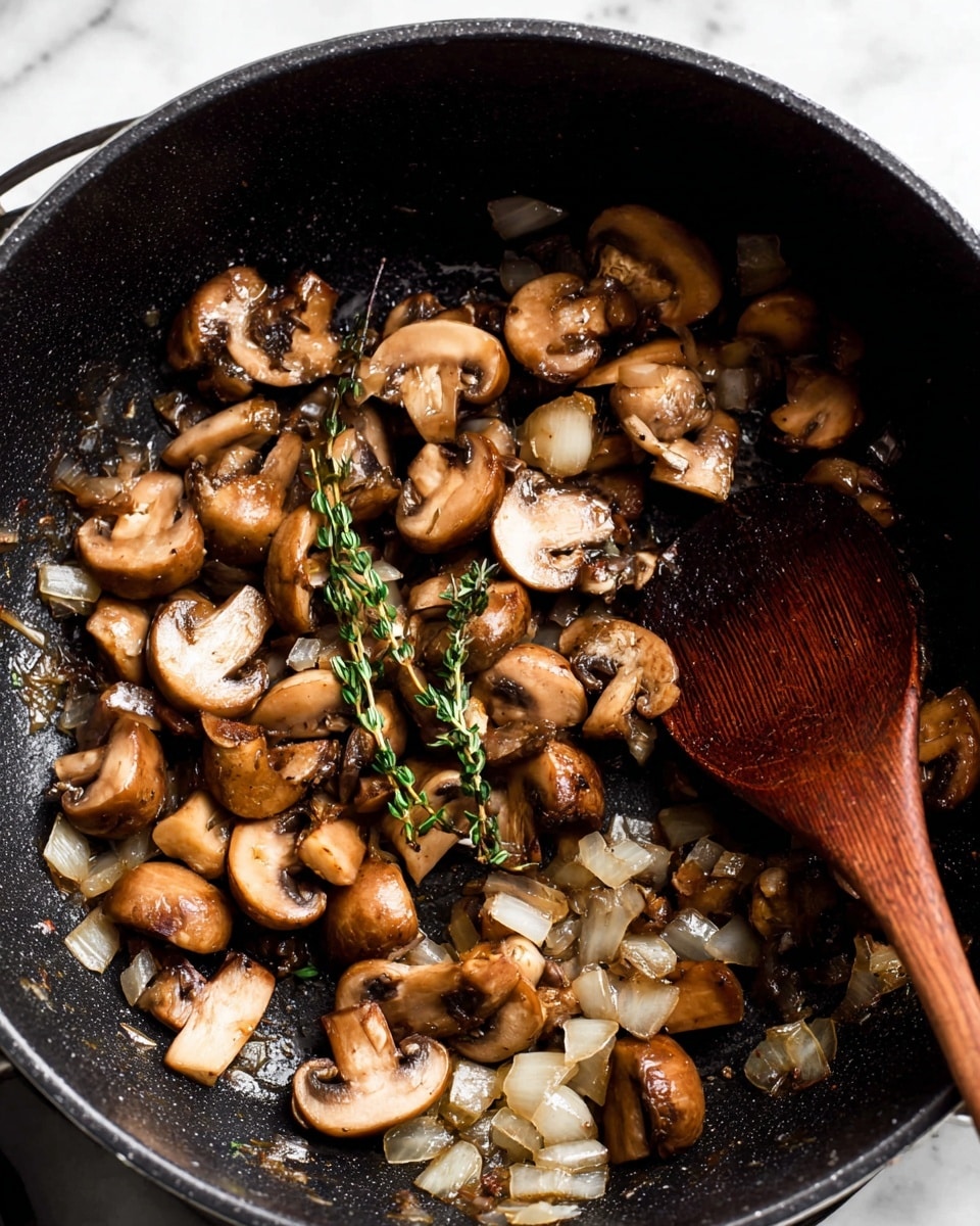 Inside a black pan, there is a mix of cooked mushroom pieces and small chopped onions. The mushrooms are browned and soft with light and dark brown colors, some of them halved or sliced. The onions are translucent and slightly golden. A few green sprigs of thyme rest on top, adding a fresh touch. A dark wooden spoon is placed among the ingredients, partially lifting some mushrooms. The pan sits on a white marbled surface. photo taken with an iphone --ar 4:5 --v 7