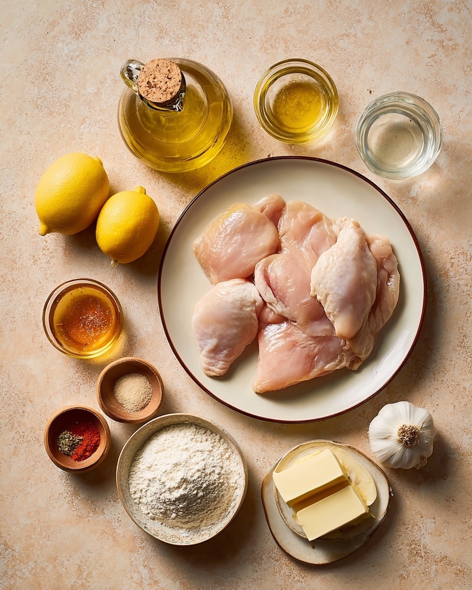 The image shows a top-down view of raw chicken pieces placed on a white plate with a thin brown rim, positioned at the bottom right. Around the plate, there are several ingredients arranged on a beige textured surface. At the top left is a clear glass bottle of olive oil with a cork stopper. To the left of the plate, there are two whole yellow lemons, and next to them, a small glass bowl filled with honey. Below the honey bowl, there are two tiny wooden bowls containing spices, one with a reddish powder and the other with a light beige powder. At the bottom left corner, a small glass bowl holds white flour. To the right side of the chicken plate, a bulb of garlic sits near two small glass containers, one filled with water and the other with creamy white liquid. Above the garlic is a small dish with three neatly sliced pieces of butter. The surface under everything has a warm beige tone with subtle texture. photo taken with an iphone --ar 4:5 --v 7