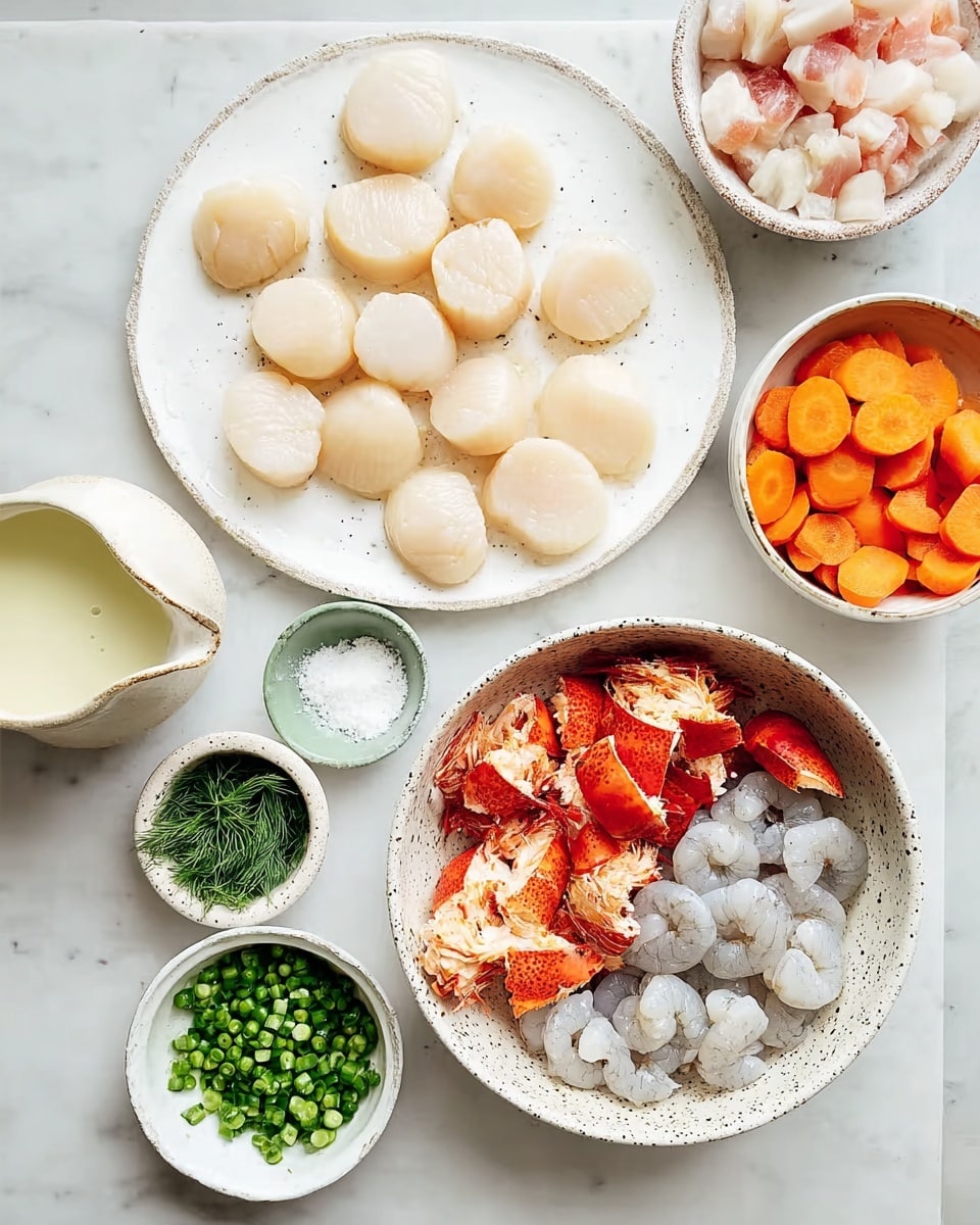 The image shows an overhead view of fresh seafood and ingredients on a white marbled surface. In the center, a white speckled plate holds several pale, round scallops. Below, a large speckled bowl contains three types of seafood: light pink fish chunks on the left, bright red lobster pieces on the right, and gray shrimp at the bottom. Surrounding these are small white bowls filled with green chopped scallions, fresh dill, salt, and pepper. There is also an off-white pitcher with cream or sauce on the left and a white bowl filled with sliced orange carrots at the top right. The setup is bright and clean with natural lighting. Photo taken with an iphone --ar 4:5 --v 7