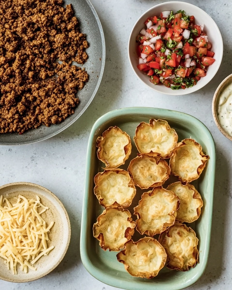 The image shows a close-up of several food items arranged on a white marbled surface. In the center, there is a light green baking dish filled with about a dozen small, round, golden-brown baked cups that have a slightly crispy texture with ruffled edges. To the left, a gray pan holds cooked, browned ground meat with a coarse texture, spread unevenly inside. Above the baking dish, two small white ceramic bowls are placed side by side; the left one contains bright red diced tomatoes mixed with finely chopped onions and green herbs, while the right one has a creamy, off-white sauce with visible specks. At the top left corner, there is a small white bowl filled with shredded pale yellow cheese. The overall composition is neat, colorful, and appetizing, against the clean white marbled background. photo taken with an iphone --ar 4:5 --v 7