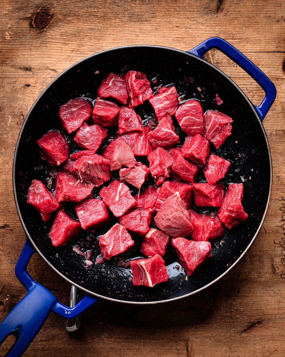 A round black pan with a blue handle and blue side grip sits on a wooden surface, filled with many raw red beef cubes spread evenly across the pan's bottom. The beef pieces vary slightly in size, showing some white fat spots, and the pan has bits of oil visible on the black cooking surface. photo taken with an iphone --ar 4:5 --v 7