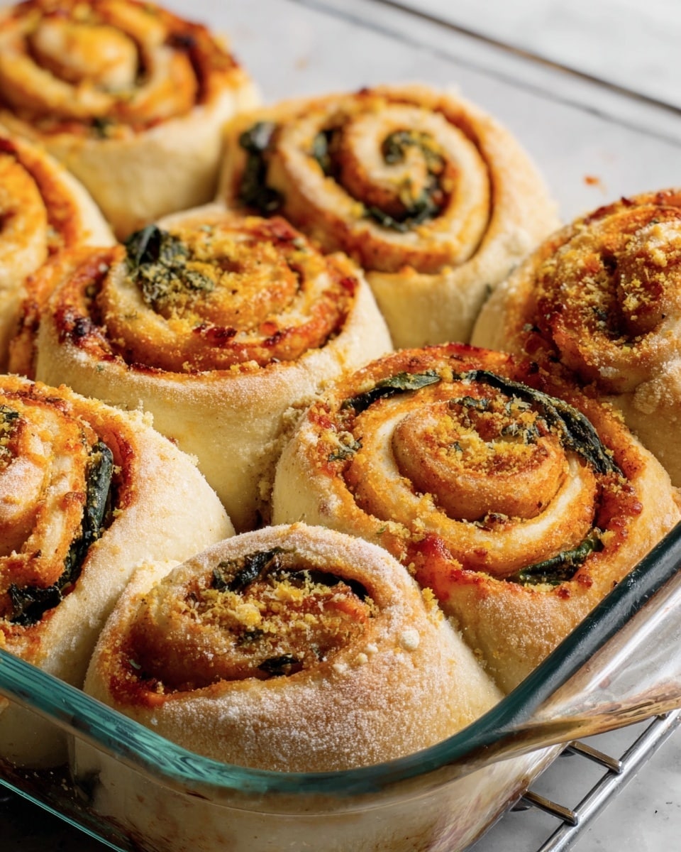 The image shows six baked pizza rolls placed closely together in a glass baking dish. Each roll has a golden brown outer dough layer with a soft texture and light dusting of flour. Inside the spiral, there are visible layers of bright red tomato sauce, green spinach leaves, and a sprinkle of yellow crumbly topping, giving the rolls a colorful and appetizing look. The white marbled surface below adds a clean, bright contrast, and the glass dish highlights the fresh, warm look of the rolls. photo taken with an iphone --ar 4:5 --v 7