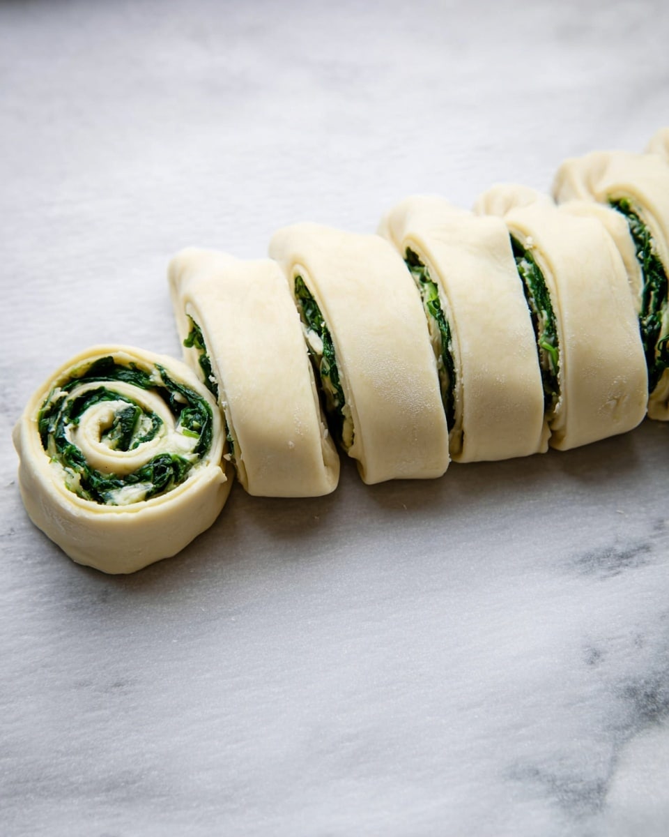 A row of eight spiral-shaped dough slices is placed on white baking paper over a white marbled surface. Each slice has two visible layers: the outer layer is smooth, pale dough, and the inner layer is dark green spinach mixed with a creamy white filling, tightly rolled inside. The first slice is turned slightly to show the spiral pattern clearly. The dough looks soft and fresh. photo taken with an iphone --ar 4:5 --v 7