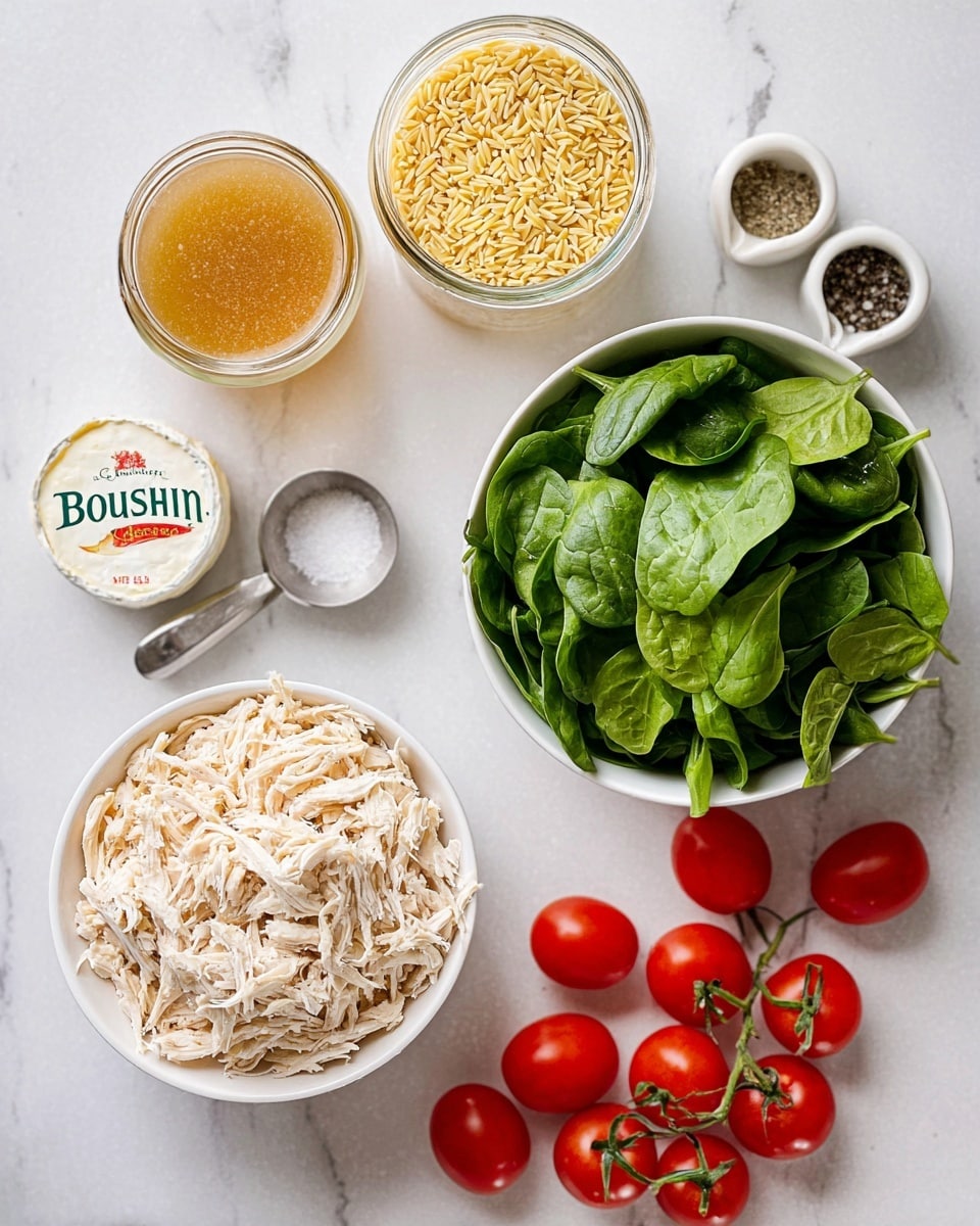 The image shows a neat arrangement of cooking ingredients on a white marbled surface. At the bottom left is a white bowl filled with shredded pale beige chicken. Above it, there is a small white container with Boursin cheese. To the top left, there is a glass jar filled with light brown broth. Next to it, a metal measuring cup holds uncooked pale yellow orzo pasta. On the right side, a white bowl contains fresh, bright green spinach leaves with a smooth texture. Above the spinach, two small white ceramic containers hold white salt and black pepper, respectively. Finally, to the bottom right, there are clusters of shiny red cherry tomatoes with green stems. The overall look is fresh and ready for cooking. photo taken with an iphone --ar 4:5 --v 7