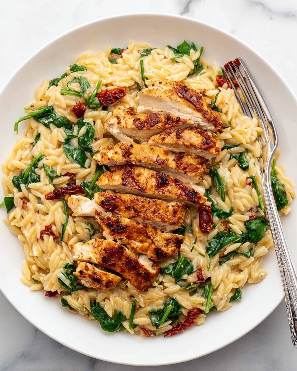 The dish shows a white plate filled with creamy orzo pasta mixed with bright green spinach leaves and bits of dried red tomatoes. On top, there are five pieces of sliced golden-brown grilled chicken arranged in a straight line in the center. A silver fork rests on the right side of the plate, partially on the orzo. The plate sits on a white marbled surface. photo taken with an iphone --ar 4:5 --v 7