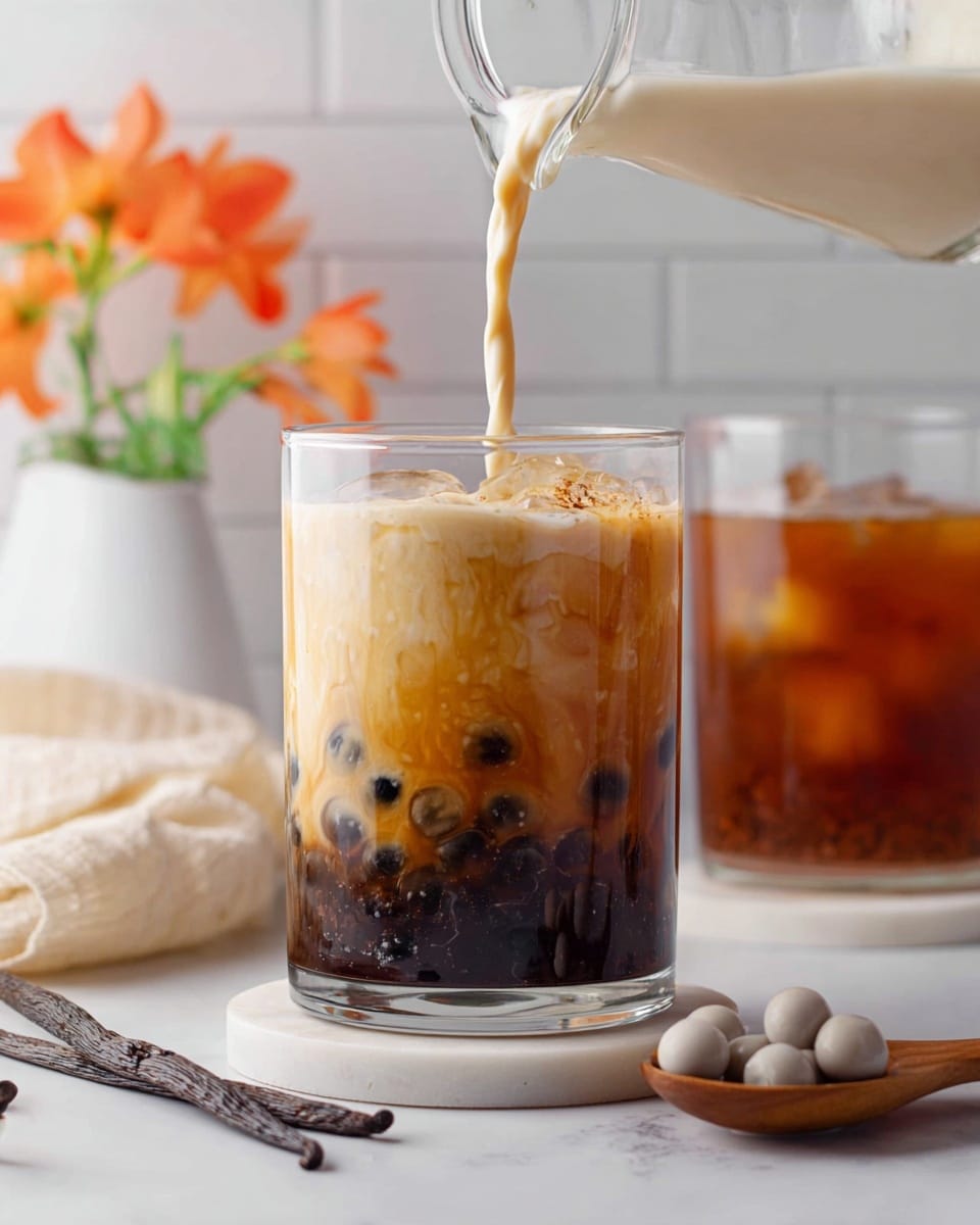 A clear glass filled with three distinct layers: at the bottom, small dark tapioca pearls clustered together, the middle layer is a creamy, light beige liquid swirling gently into the top layer, which is a rich amber brown tea. Cream is being poured from a clear pitcher into the glass, mixing softly with the tea. The glass sits on a white round coaster on a white marbled surface, with a second glass of the same drink slightly blurred in the background. Nearby are two vanilla beans and a wooden spoon holding several light gray tapioca pearls. A soft orange flower and white tiled wall appear softly in the background. Photo taken with an iphone --ar 4:5 --v 7