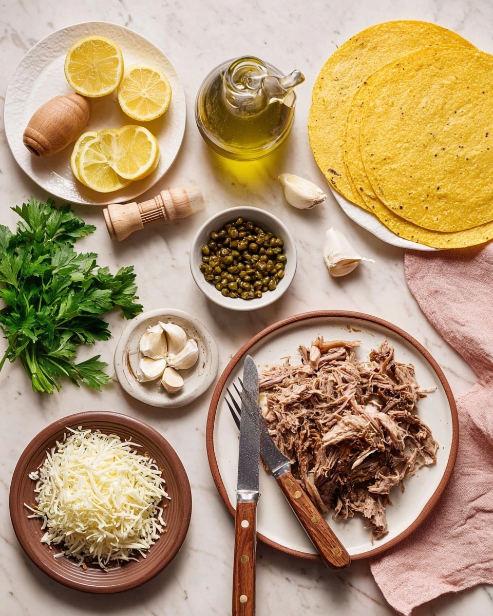 The image shows a meal preparation scene on a white marbled surface with various ingredients. In the bottom right, a white plate with brown rim holds shredded cooked meat with a fork and a knife with wooden handles placed on it. Above this plate, a small white bowl contains greenish capers. To the right, a small white bowl holds garlic cloves, and behind it, two yellow corn tortillas rest on a pink cloth. On the left side, a white plate carries a glass bottle of golden olive oil, bright yellow lemon halves, a wooden lemon squeezer, and green fresh parsley. Below this plate, a brown plate is filled with finely shredded white cheese. Photo taken with an iphone --ar 4:5 --v 7