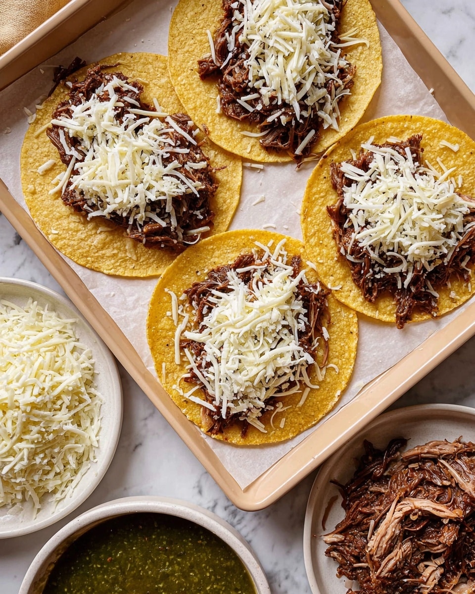 The image shows four yellow corn tortillas laid flat on white parchment paper inside a white tray, each tortilla topped with a layer of dark brown shredded meat and a generous sprinkle of white shredded cheese over the meat. Below the tray on the white marbled surface are two plates; the left plate is white and filled with a heap of white shredded cheese, and the right plate is white and holds more shredded meat. At the bottom of the image, part of a white bowl filled with a green sauce is visible. photo taken with an iphone --ar 4:5 --v 7