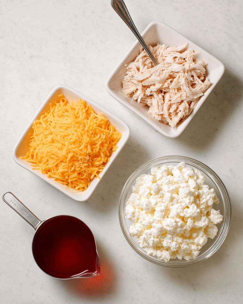 The image shows four separate containers with different ingredients placed on a white marbled surface. At the top right, there is a white bowl filled with shredded light pink chicken with a fork inside. On the top left, there is a white square bowl filled with a mound of bright orange shredded cheddar cheese. Below these bowls, on the right, there is a clear glass bowl filled with white, lumpy cottage cheese. On the left bottom corner, a metal measuring cup holds a smooth, deep red liquid, likely a sauce. Each container is neatly placed apart from each other, showing a clean and simple arrangement. photo taken with an iphone --ar 4:5 --v 7