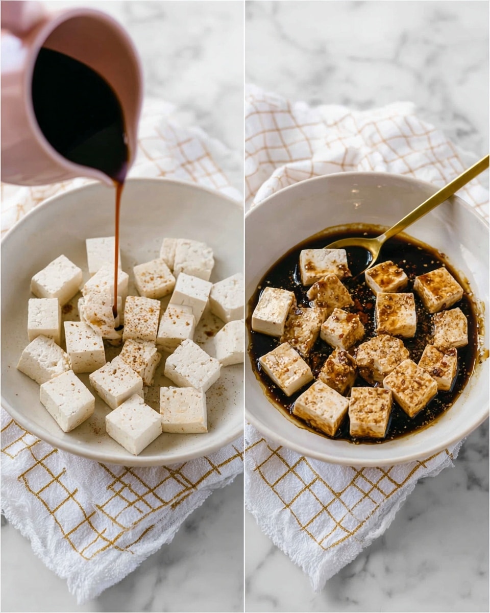There are two images side by side showing a white bowl with tofu cubes inside on a white marbled surface. The bowl sits on a white cloth with a thin gold grid pattern. The left image shows plain white tofu cubes arranged evenly in the bowl, and a woman’s hand pouring a dark soy sauce from a pink cup onto the tofu. The right image shows the same tofu cubes fully coated in a dark, shiny sauce with visible seasoning. There is a golden spoon resting inside the bowl on the right side. Photo taken with an iphone --ar 4:5 --v 7