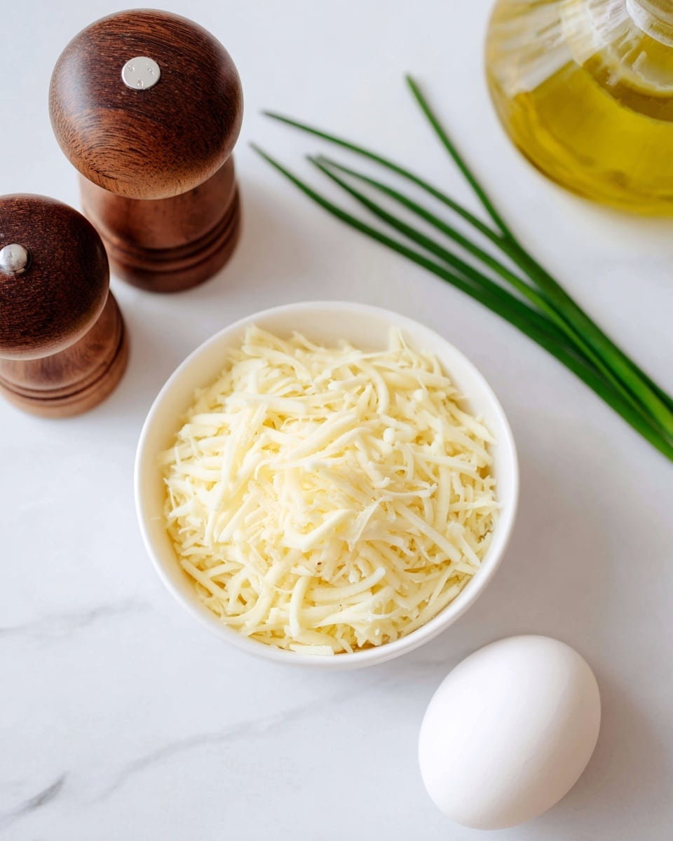 A white bowl filled with light yellow shredded cheese sits on a white marbled surface. Nearby on the right, there are two fresh green chives lying diagonally, and a whole white egg positioned close to the cheese bowl. Above the egg, a clear glass container with a yellow liquid, likely oil, is partly visible with a white cap. On the left side of the image, there are two wooden shakers with dark brown tops, adding a rustic touch to the scene. The overall composition is bright and clean. photo taken with an iphone --ar 4:5 --v 7
