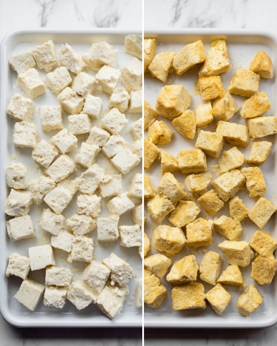 The image shows two side-by-side white trays on a white marbled surface, each filled with small, irregularly shaped pieces of tofu. On the left side, the tofu is fresh, with a soft white color and crumbly texture. On the right side, the tofu pieces are cooked to a golden yellow color with a slightly crispy texture. Both trays are arranged with the tofu pieces spaced apart evenly. photo taken with an iphone --ar 4:5 --v 7