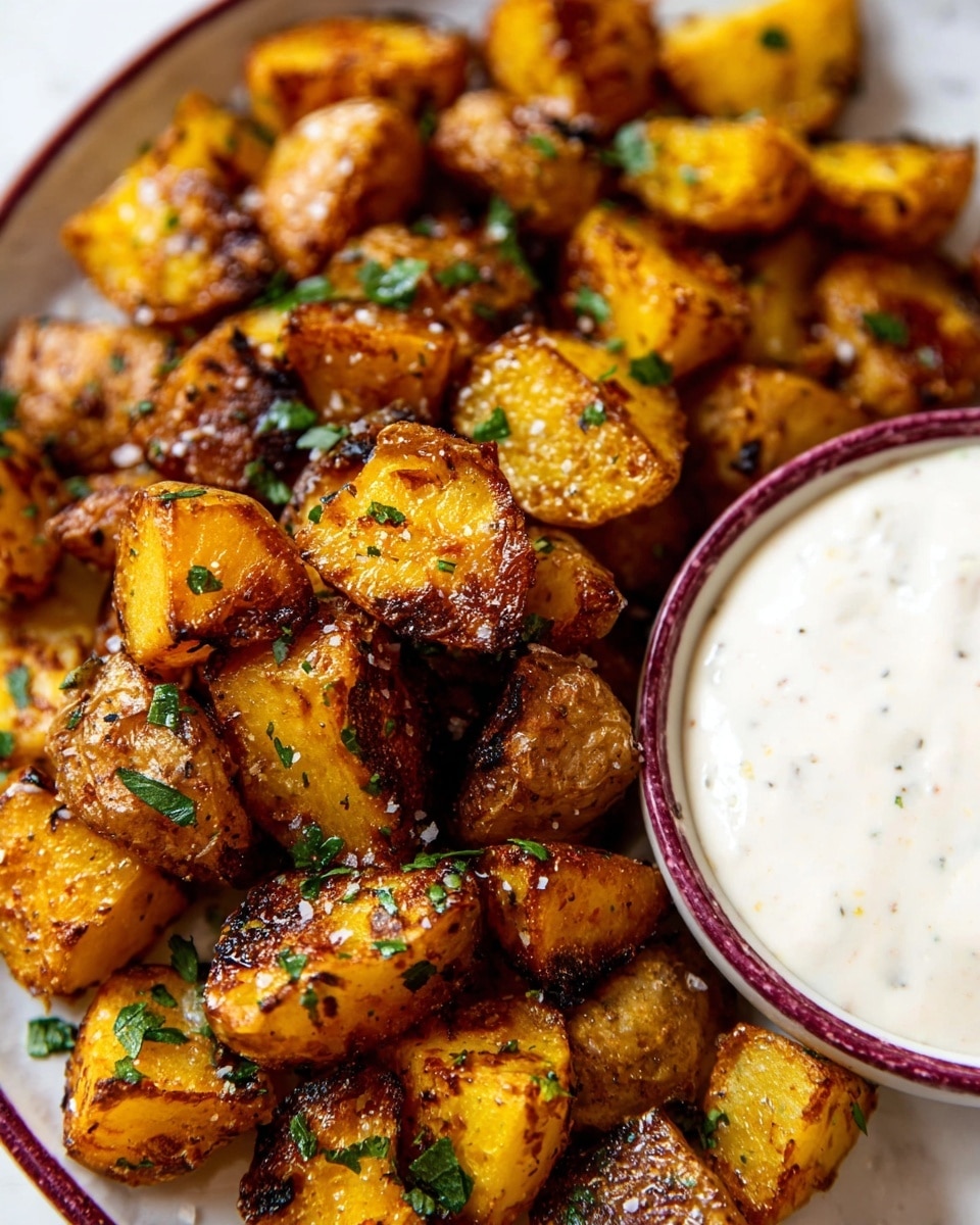 This image shows a close-up of many small roasted potato pieces with golden-brown, crispy edges sprinkled with chopped green herbs and coarse salt. The potatoes have a rough texture with some darker, charred spots. On the right side of the image, there is a white bowl with a thick, creamy white sauce inside. The bowl has a maroon rim and rests on a white marbled surface. photo taken with an iphone --ar 4:5 --v 7