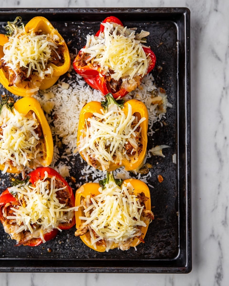 The image shows a black baking tray with four bell pepper halves arranged on it, each pepper half showing layers of different colors and textures. At the base, there is white rice that partly spills around the tray. Above the rice, there are slices of seasoned cooked meat with a slightly brown color. The top layer consists of shredded pale yellow cheese, scattered unevenly over the peppers and some on the tray's surface. The peppers are mostly yellow and red with slightly wrinkled skin. The tray rests on a white marbled surface. photo taken with an iphone --ar 4:5 --v 7