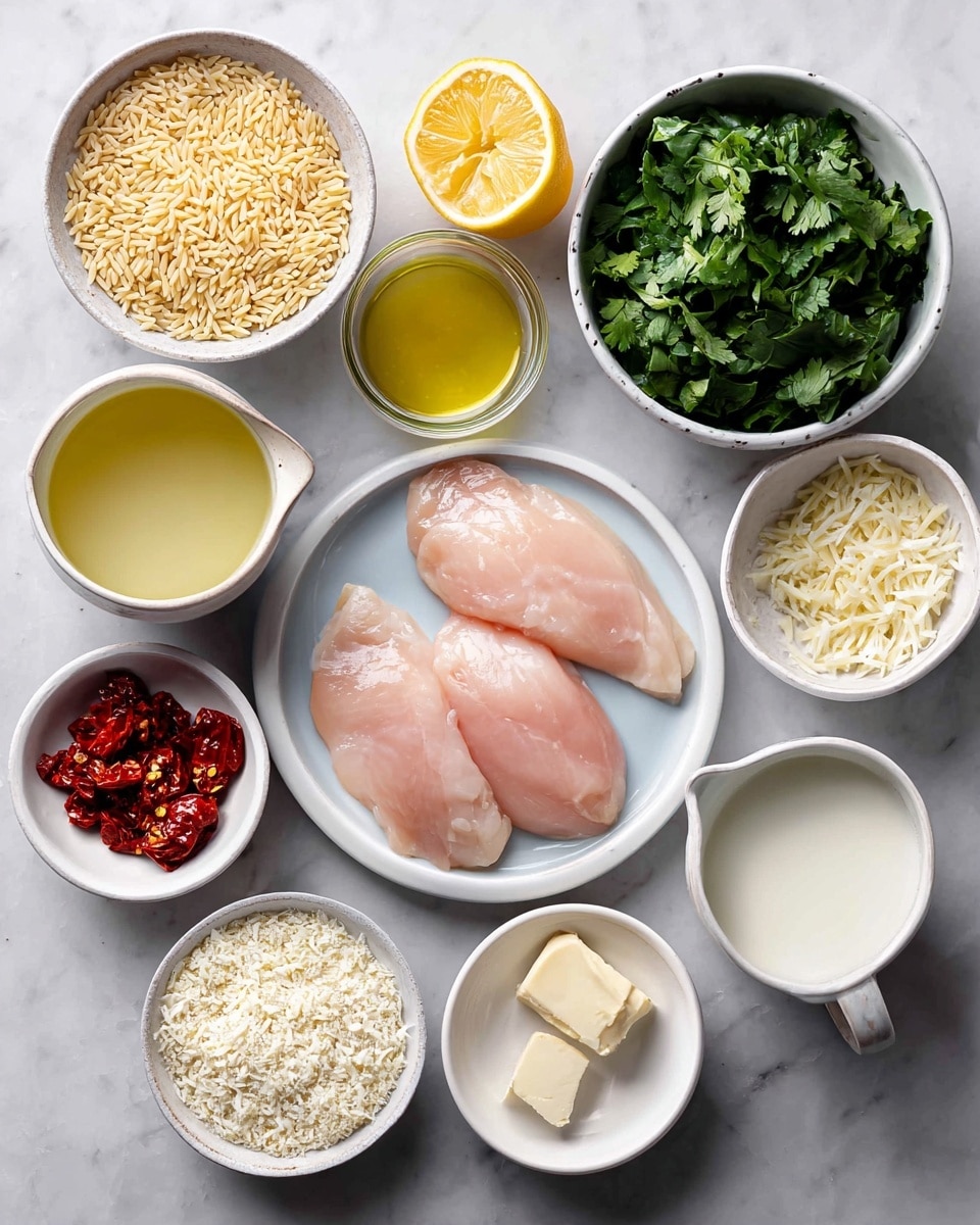 The image shows an overhead view of several small white bowls and a white plate with raw chicken on a white marbled surface. Three raw chicken fillets with a pale pink color lie in the center on a white plate. Around the plate, clockwise from the top left, there is a lemon, a small white bowl with yellow oil, a white bowl filled with dark green leafy spinach, a white bowl with fresh green parsley, a white jug with light yellow broth, a white bowl with small light beige orzo pasta, an oval white bowl filled with white cream or milk, a white bowl with shredded white cheese, a white bowl with minced garlic, a white bowl with two small pieces of butter, and a white bowl with sun-dried red tomatoes. photo taken with an iphone --ar 4:5 --v 7