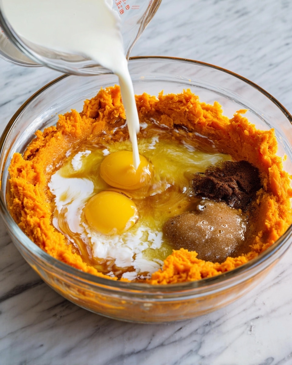 A clear glass bowl holds three layers of ingredients: the base layer is bright orange mashed sweet potatoes spread along the edges forming a thick ring; inside this ring are two cracked raw eggs with shiny yellow yolks and translucent whites, dark brown wet sugar, and a golden syrupy liquid; a white liquid, likely milk or cream, is being poured from a glass measuring cup into the center, creating a swirling effect where it meets the other liquids; the bowl is placed on a white marbled surface photo taken with an iphone --ar 4:5 --v 7
