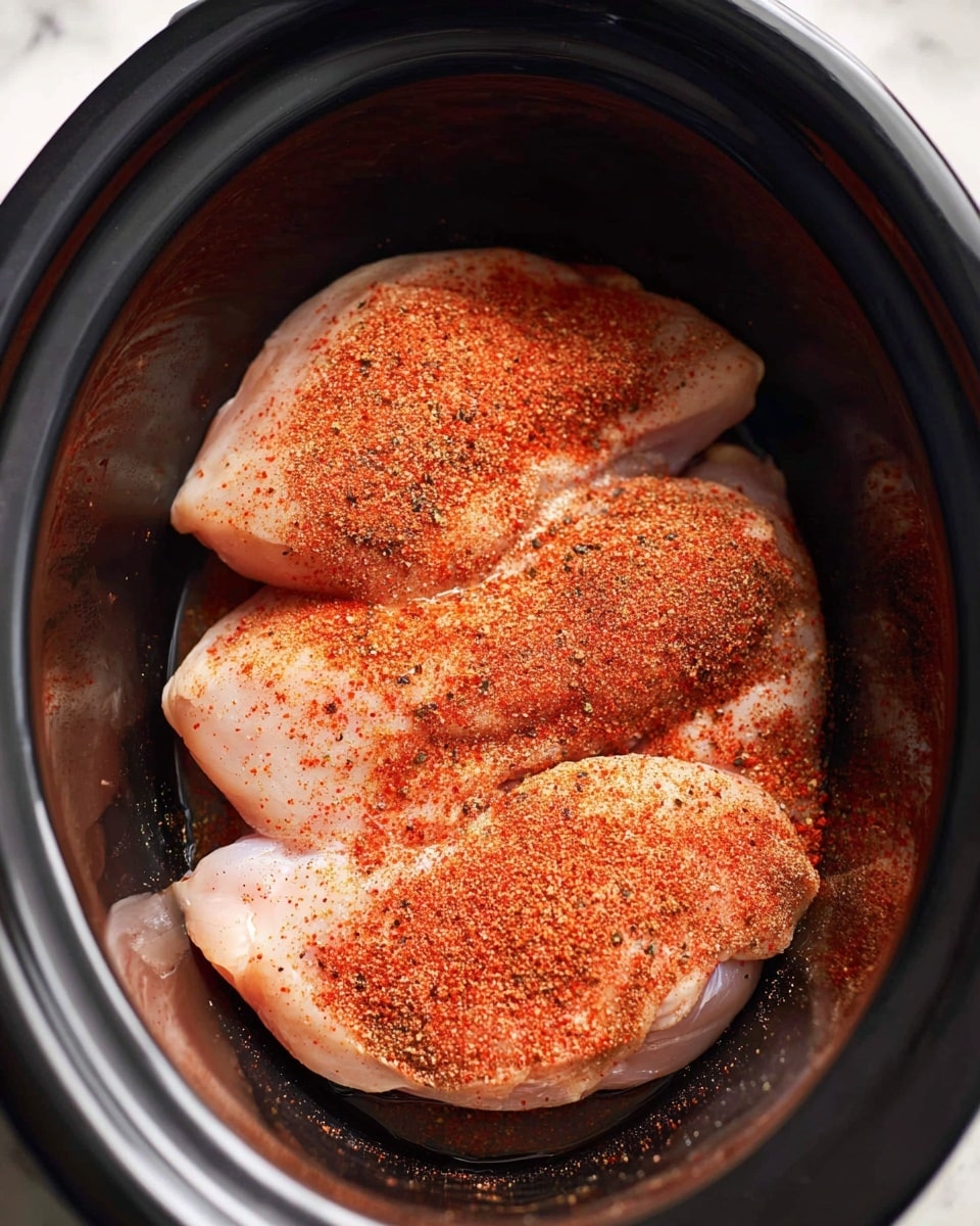 A close-up top view of three raw chicken pieces placed inside a black slow cooker. Each piece is covered with a layer of reddish-orange seasoning with a slightly coarse texture, scattered evenly on the pale pink surface of the chicken. The slow cooker has a smooth, shiny interior and is set against a white marbled surface in the background. photo taken with an iphone --ar 4:5 --v 7