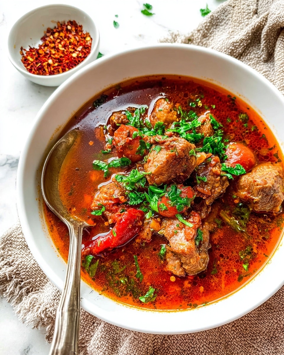 A white bowl filled with a rich stew showing three layers: the bottom layer is a clear reddish-orange broth, the middle layer has chunky brown meat pieces mixed with soft cooked red tomatoes and green herbs, and the top layer is garnished with fresh chopped green parsley. A shiny silver spoon rests inside the bowl on the left side. In the background, there is a small white bowl with bright red chili flakes and a beige textured cloth on a white marbled surface. photo taken with an iphone --ar 4:5 --v 7