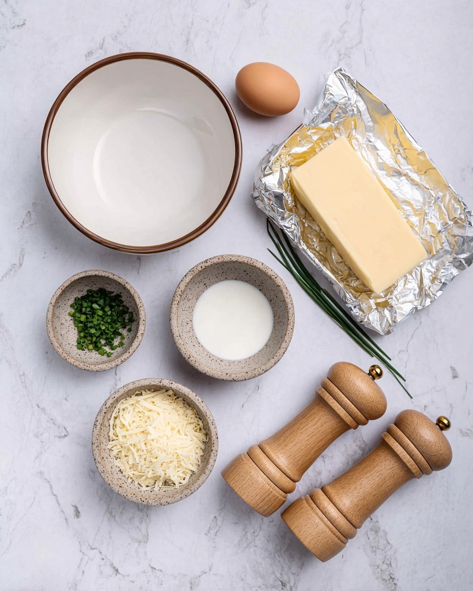 The image shows a top view of ingredients arranged neatly on a white marbled surface. There is one large white bowl with a thin brown rim at the top left, empty inside. Below it, four smaller stone-textured bowls hold different items: one with small green chives, one with a white liquid (probably milk or cream), and one with grated cheese. Two brown eggs are placed near the center, to the right of the bowls. A partly unwrapped block of pale yellow butter rests nearby with a shiny silver and gold foil wrapper. On the bottom right corner, there are two wooden salt and pepper grinders lying next to each other. The scene is clear and simple. Photo taken with an iphone --ar 4:5 --v 7