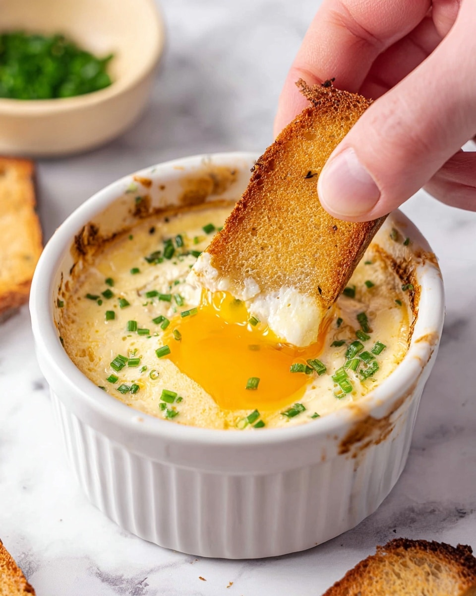 A white ramekin filled with a creamy light yellow baked egg dish topped with small green chive pieces. The top layer is slightly browned and smooth with some bubbling around the edges. A toasted rectangular piece of golden brown bread is being dipped into the ramekin, soaking into a runny bright orange egg yolk layer just beneath the creamy surface. The dish sits on a white marbled surface with a soft focus on a beige bowl and some chopped chives in the background. A woman's hand is holding the bread. Photo taken with an iphone --ar 4:5 --v 7
