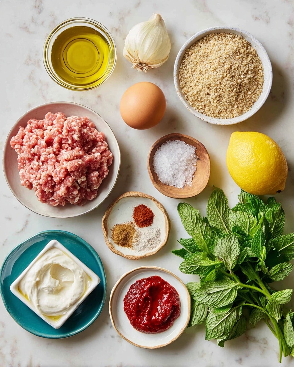 A white bowl filled with ground meat is placed near the top center of the image. Surrounding it are various ingredients arranged on a white marbled surface: a brown egg and a whole pale yellow onion to the right, a bright yellow lemon beside a white bowl full of light brown breadcrumbs, and a large bunch of fresh green mint leaves at the bottom right. At the bottom left, there is a bunch of fresh parsley with vibrant green leaves, next to a small square white dish with creamy white yogurt inside. A glass container filled with golden olive oil is near the top left, while a small blue plate with four different powdered spices—red, light brown, and beige—is placed below the meat. Next to it, a small wooden bowl with white salt and a tiny wooden spoon added for scale. Finally, a round white plate near the center bottom holds two garlic cloves, black pepper inside a hollowed onion slice, and two dollops of red paste sauces, one dark and one bright. Photo taken with an iphone --ar 4:5 --v 7