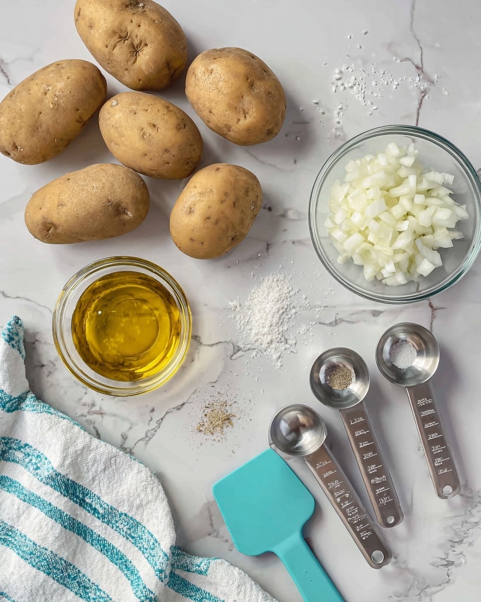 The image shows a flat lay of raw ingredients on a white marbled surface. At the top center, six whole brown potatoes are scattered. Below the potatoes, slightly to the left, there is a small clear glass bowl with finely chopped white onions. To the right of the bowl is a clear glass measuring cup filled with golden yellow oil. Spread around these central items are three silver measuring spoons labeled with measurements, containing coarse salt, pepper, and white powder (likely flour). A turquoise spatula rests on the right side near the potatoes, and at the bottom left corner, a folded kitchen towel with white and turquoise stripes lies partially in the frame. photo taken with an iphone --ar 4:5 --v 7