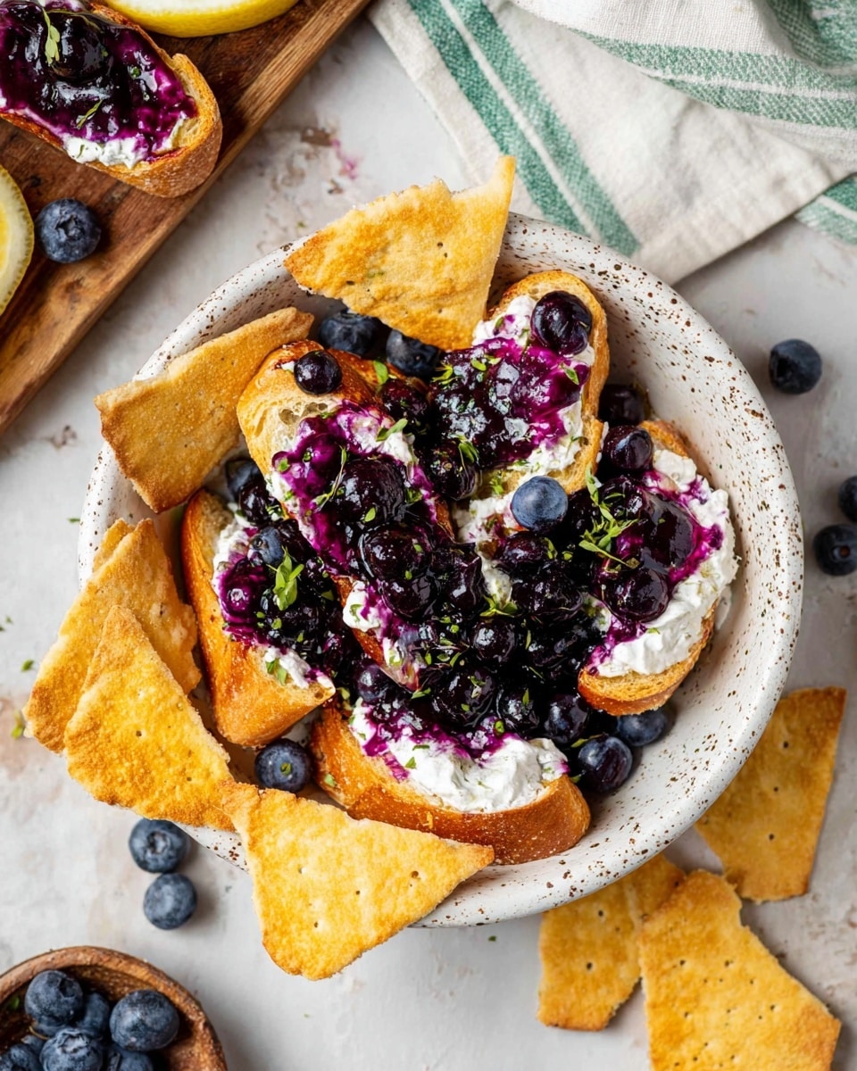 The image shows a white speckled bowl filled with toasted slices of golden brown bread, each topped with a thick layer of white cream cheese and bright purple blueberry sauce. Fresh, plump blueberries and small green herb sprigs are scattered throughout, adding color contrast. Around the bowl, there are several crisp, yellow cracker triangles and more toasted bread pieces, all placed on a white marbled surface. In the upper part, a wooden board with blueberry sauce stains and extra crackers rest next to a white cloth with green stripes and a slice of lemon. photo taken with an iphone --ar 4:5 --v 7