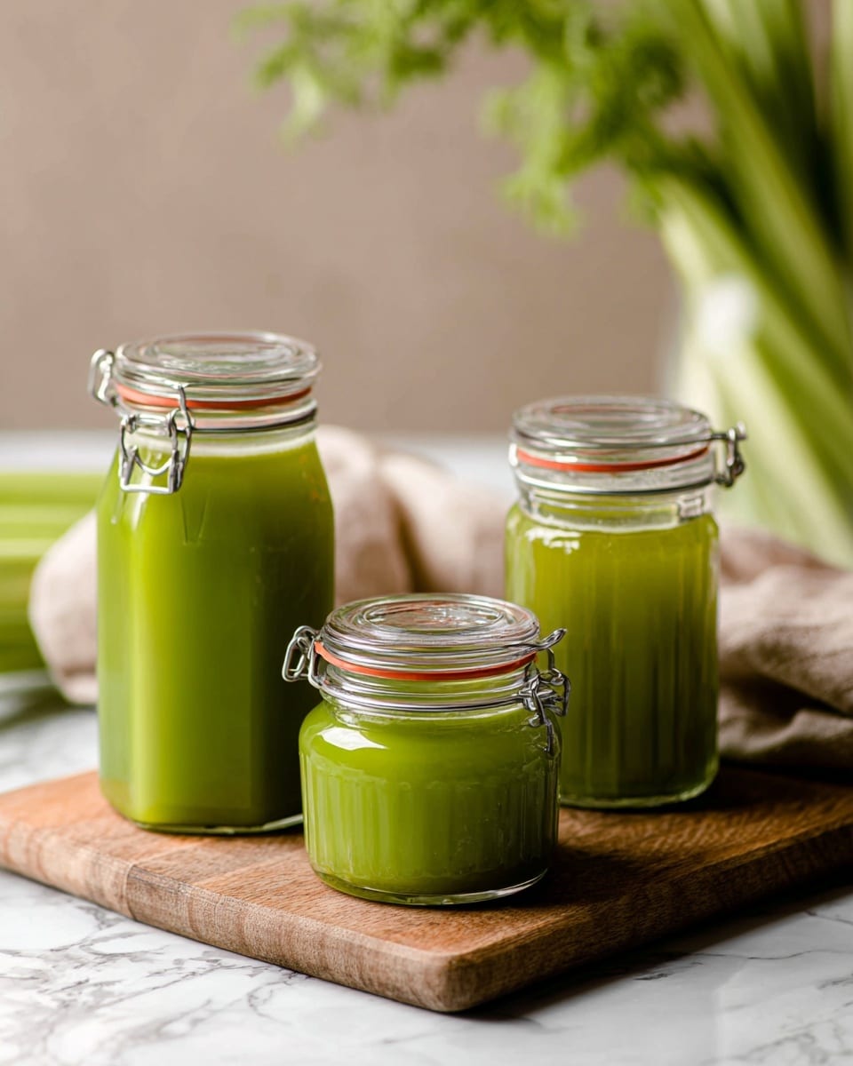 The image shows three glass jars filled with bright green juice placed on a wooden board. Each jar has a metal clasp and a red rubber seal, with the middle jar being shorter and rounder, and the left jar taller and slimmer. The jars sit on a white marbled surface, and in the background, there are blurred green leafy stems and soft beige cloth, giving a fresh and clean look. The overall scene is bright with soft lighting highlighting the fresh juice inside each jar. photo taken with an iphone --ar 4:5 --v 7