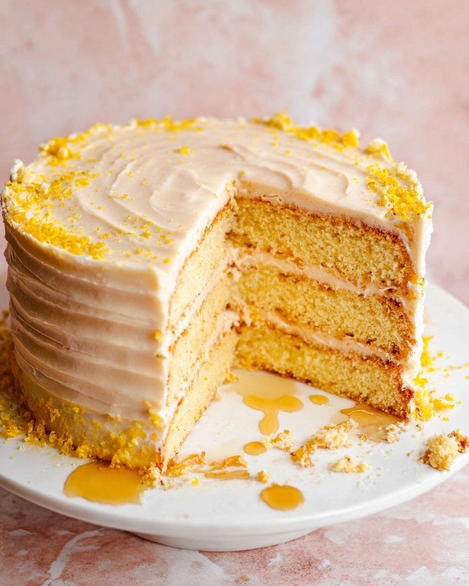 A round cake with three thick golden-yellow sponge layers, each separated by a smooth light beige frosting layer. The top is evenly spread with the same light beige frosting, showing gentle textured lines across the surface. The cake edges are sprinkled with small yellow crumbs, and a few drops of amber-colored syrup are drizzled on the top and around the base. The cake sits on a white plate with some scattered cake crumbs and syrup drops around it. The background has a soft pink tone with a white marbled texture beneath the plate. photo taken with an iphone --ar 4:5 --v 7