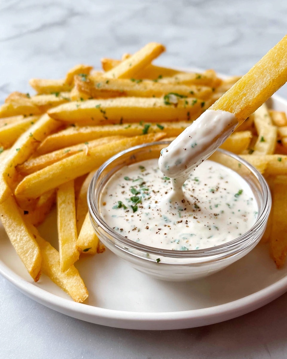 A close-up view shows golden-yellow fries arranged on a white plate with a small clear glass bowl of creamy white sauce that has green herb bits and a light sprinkle of black pepper on top. One fry is lifted above the bowl, coated at the tip with sauce dripping slightly. The background is a white marbled surface, creating a clean, simple look. photo taken with an iphone --ar 4:5 --v 7