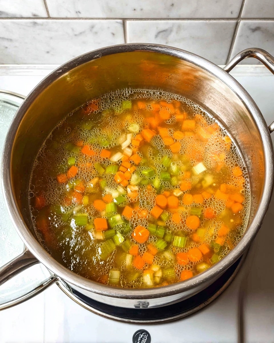 A silver pot filled with clear broth that has small bubbles on top, floating mixed vegetables including diced orange carrots and light green celery. The vegetables are spread evenly across the surface in the broth inside the pot. The pot is placed on a white stove burner, and the pot’s glass lid is leaning against the white tiled wall behind it. The background surface is white marbled texture. photo taken with an iphone --ar 4:5 --v 7