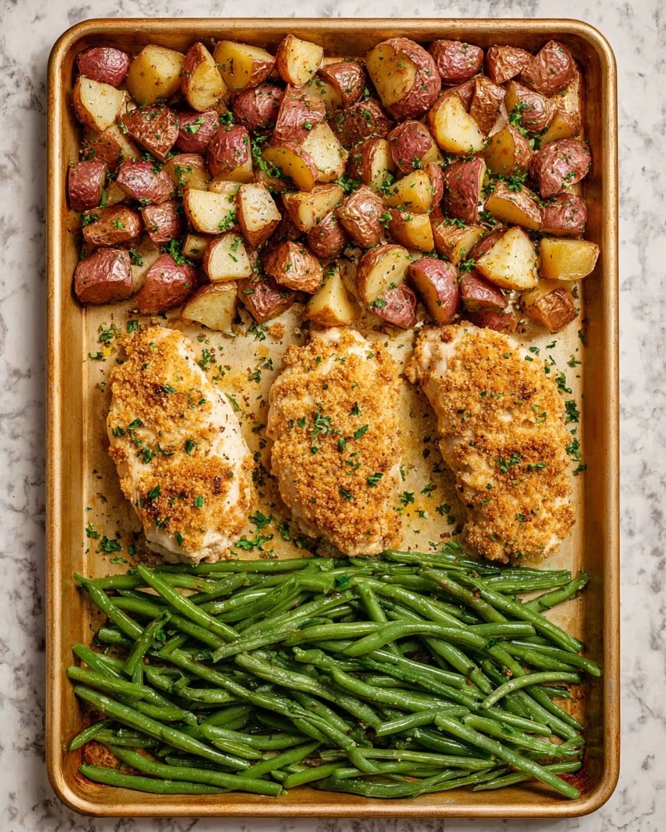 A large golden baking sheet filled with three main sections: at the top, a generous layer of roasted red potatoes cut into small chunks, with crispy brown edges and sprinkled with green parsley; in the middle, three breaded chicken pieces with a golden, crunchy crust and sprinkled with herbs; at the bottom, a neat layer of bright green cooked green beans glistening with a light coating of oil. The background has a white marbled texture. photo taken with an iphone --ar 4:5 --v 7