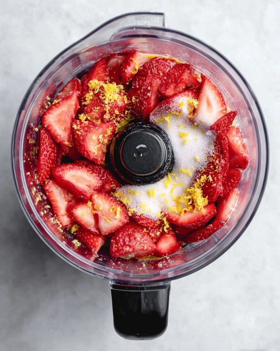A clear food processor bowl is seen from above, filled with bright red, quartered strawberries arranged all around the center black blade. White granulated sugar is sprinkled unevenly over the berries, with scattered bright yellow lemon zest adding contrast on top. The bowl sits on a white marbled surface, and the black handle of the processor is visible at the bottom of the image. The textures show the fresh, juicy strawberries, coarse sugar grains, and fine lemon zest clearly. photo taken with an iphone --ar 4:5 --v 7