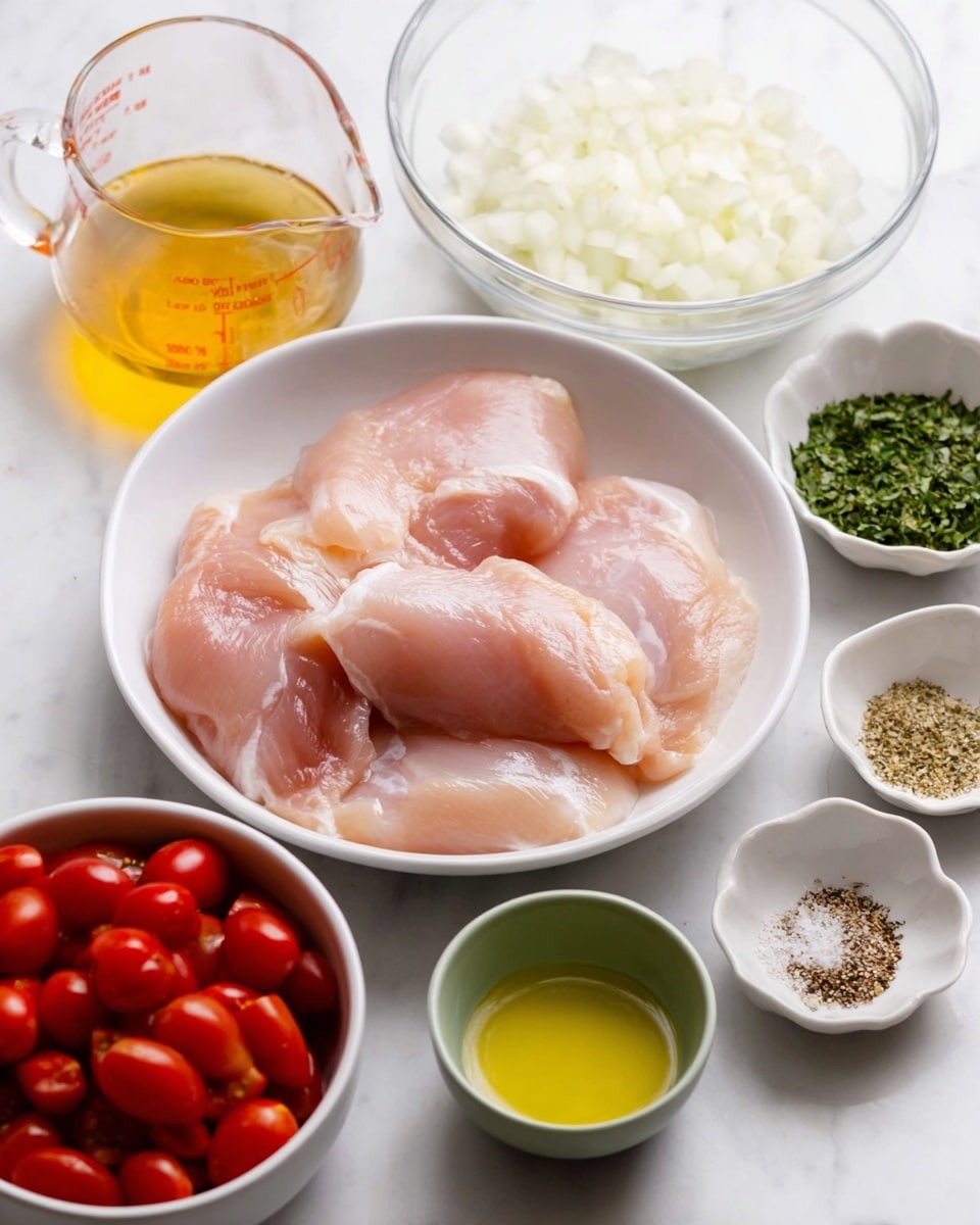 The image shows a white bowl in the center filled with four pieces of raw, light pink chicken meat. To the left and slightly behind it, there is a clear glass measuring cup with light yellow broth inside. Behind the chicken bowl, a clear glass bowl holds chopped white onions. To the right of the onion bowl, there is a small white bowl with chopped green herbs. In front of the chicken bowl and farther left, a white bowl is filled with red halved cherry tomatoes. On the right side in front of the chicken, two small white ramekins hold minced garlic and yellow olive oil. In the front right corner, a small light green dish contains a mix of salt, black pepper, and garlic powder. All the items are set on a white marbled surface photo taken with an iphone --ar 4:5 --v 7