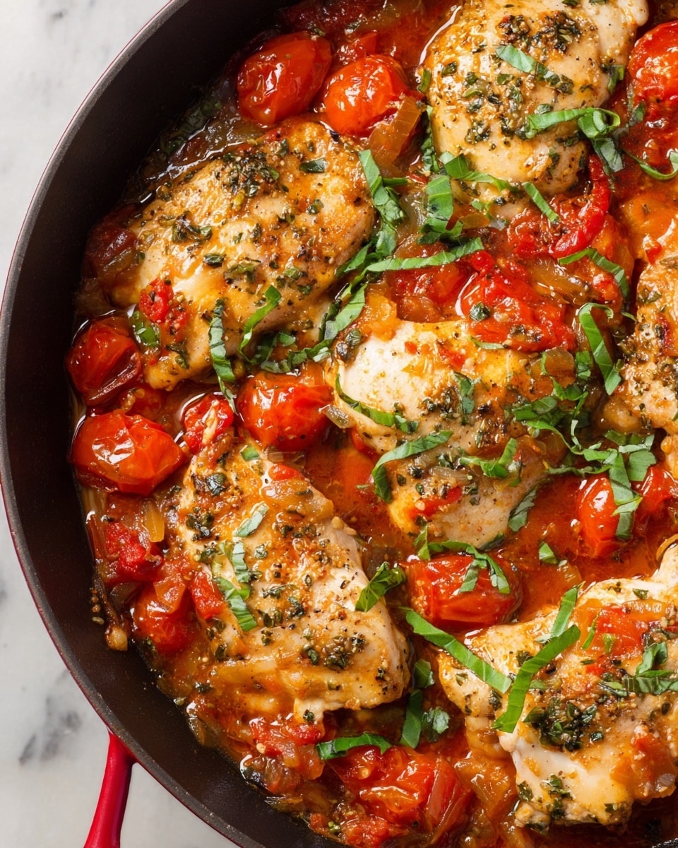 A black pan with a red handle sits on a white marbled surface, filled with a cooked dish of five light brown pieces of chicken layered with bright red cooked cherry tomatoes and scattered green herbs on top. The chicken pieces are mostly covered by the tomato sauce that has a slightly chunky texture with visible herbs and spices mixed in, giving it a rich look. A piece of light brown cheese block is in the background, and small green herb pieces are scattered lightly around the pan and on the surface. photo taken with an iphone --ar 4:5 --v 7