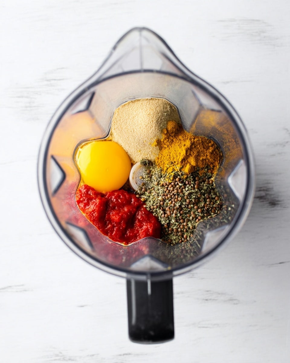 A clear blender jar on a white marbled surface holds four main ingredients separated inside: a bright yellow egg yolk on the left side, a pile of beige powder on the right side, a mound of dark green mixed herbs and spices on the bottom right, and a little heap of brown lentils topped with vivid red tomato paste on the bottom left. The jar handle is black and positioned to the right. The scene is simple with the focus on the colors and textures inside the blender jar, cleanly arranged for blending photo taken with an iphone --ar 4:5 --v 7